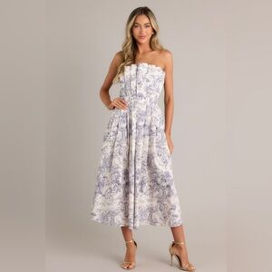 NAVY TOILE STRAPLESS MIDI DRESS